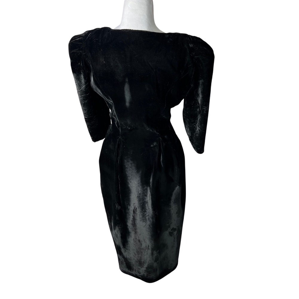 Vintage David Mitchell Black Velvet Button Front Puff Sleeve Midi DressSize 9 10 - Picture 2 of 10